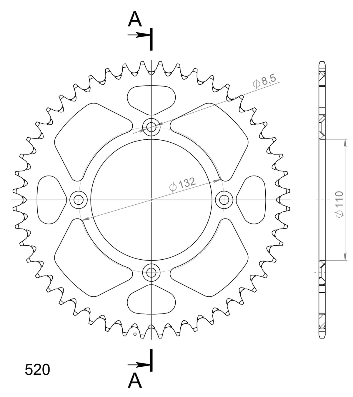 Technische illustratie: Supersprox Rear Sprocket Alu RAL-720:48 Black – RAL-720:48-BLK; uitvoering volgens artikelgegevens