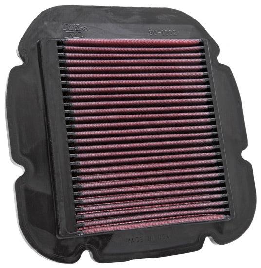 K&N air filter for DL650 V-STROM motorcycle; red pleated media in black rubber housing.