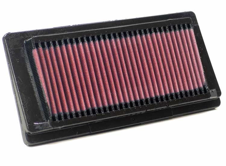 K&N MT-01 air filter with red pleated media in black frame