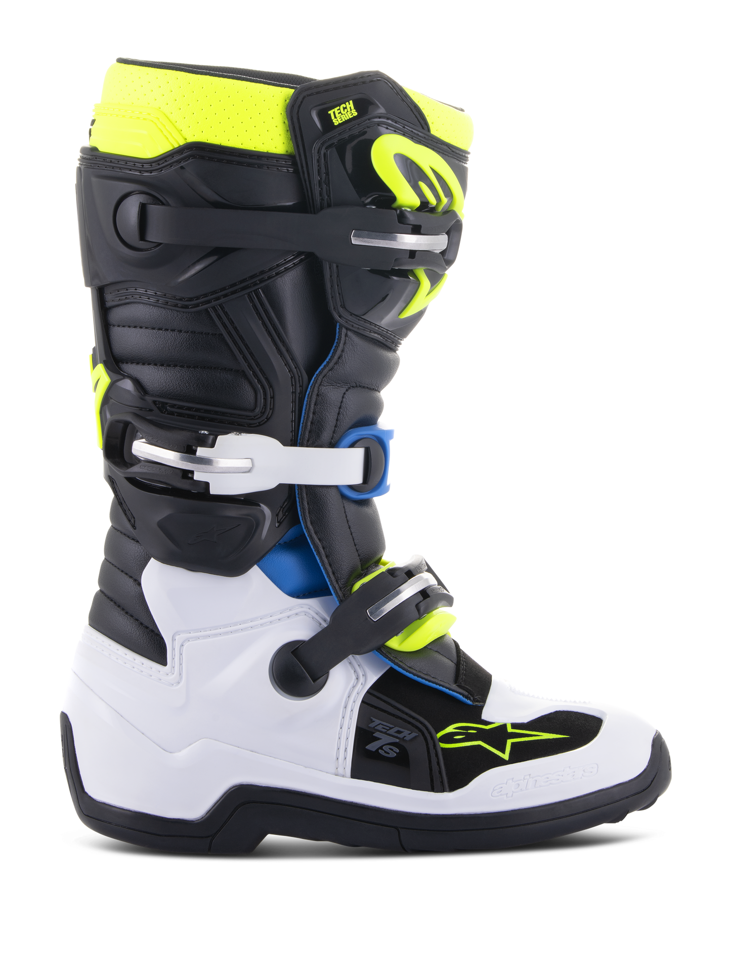 Alpinestars Youth Tech 7S Motorcrosslaarzen Zwart Blauw Geel Fluo