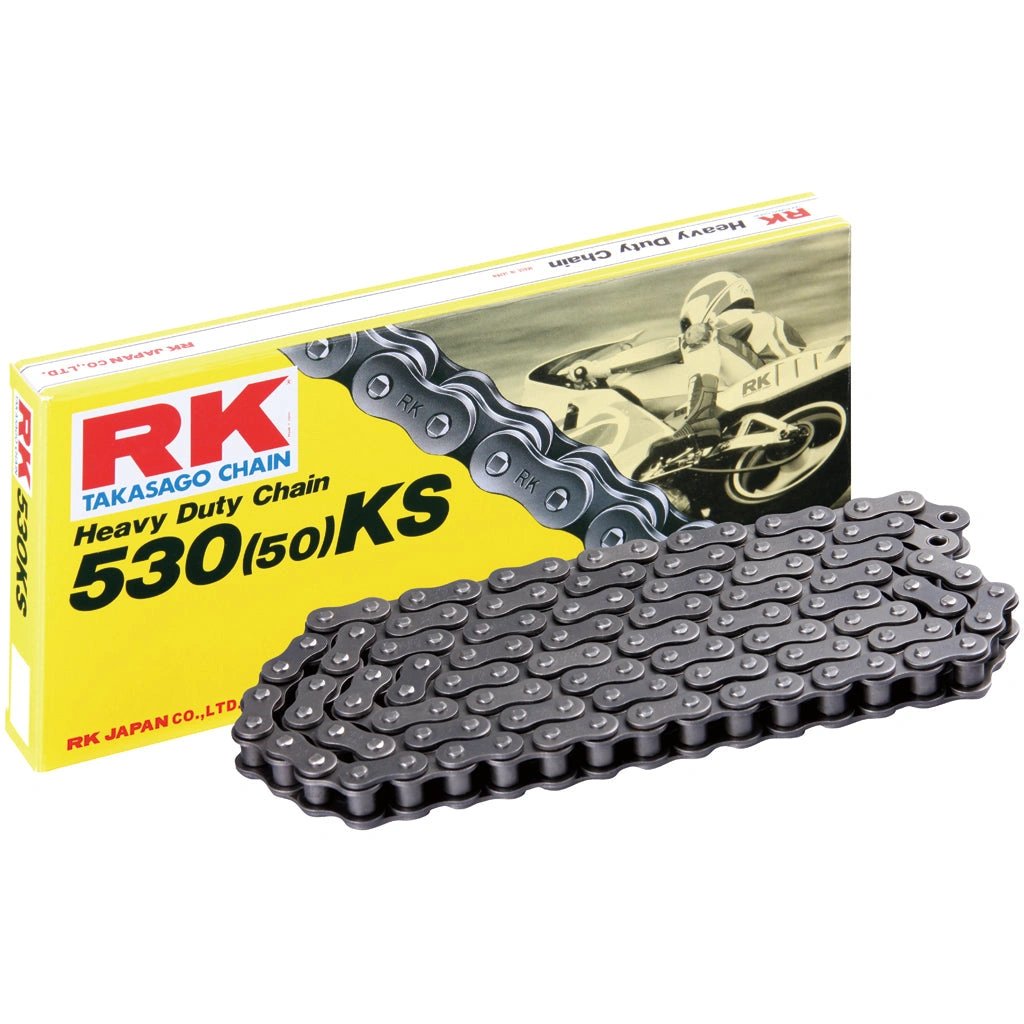 RK 530KS heavy-duty chain by RK Japan; black steel links with yellow packaging box