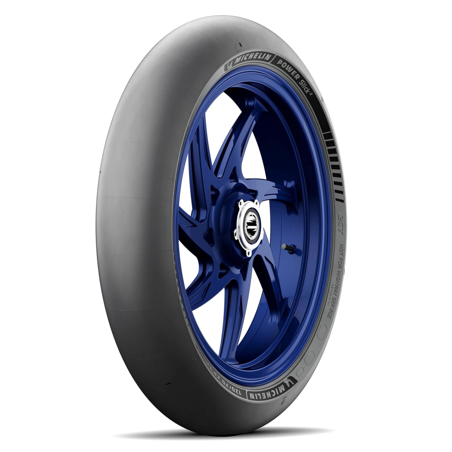 Michelin Power Slick 2 motorcycle front tire 120/70 ZR 17 mounted on blue alloy wheel
