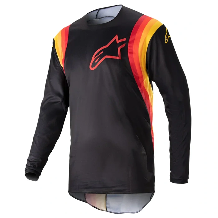 Alpinestars Fluid Corsa cross shirt for adults, black with red-yellow stripes and logo