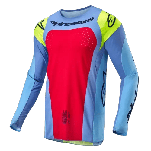 Alpinestars 2024 Techstar Ocuri Erwachsenen-Cross-Shirt Hellblau / Fluorgelb / Rot - MxProStoreParts