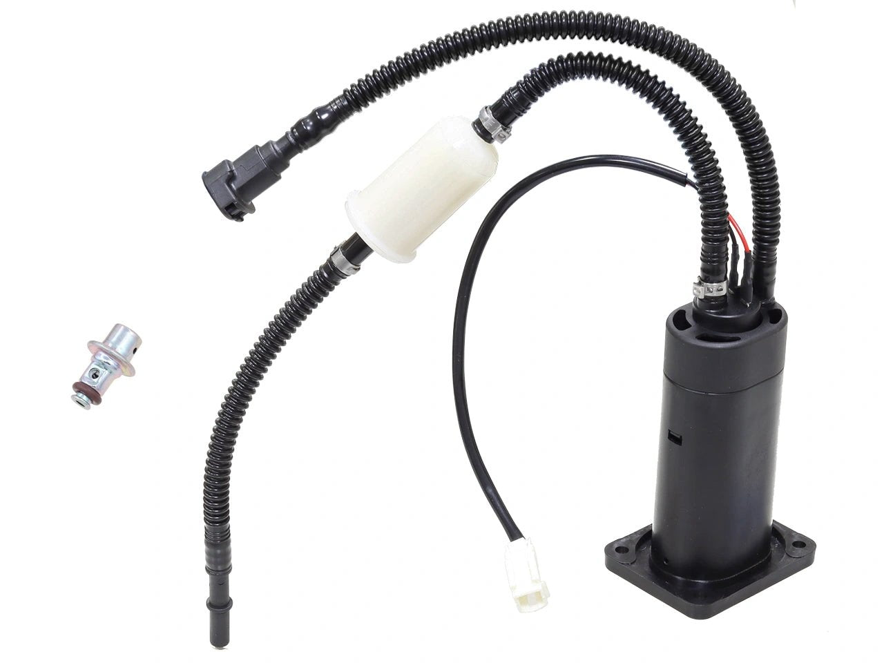 Sixty5 complete electric fuel pump module, black housing with white filter and braided hoses