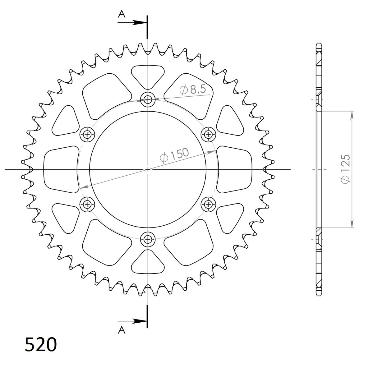 Technische illustratie: Supersprox Alu Rear sprocket KTM/Husqv./Husab. Orange 52 – RAL-990:52-ORG; uitvoering volgens artikelgegevens