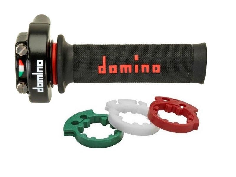 Domino XM2 Gashendel met A010 zwart/rood handvaten past op alle wegmotoren met een dubbele trek/duw kabel - MxProStoreParts