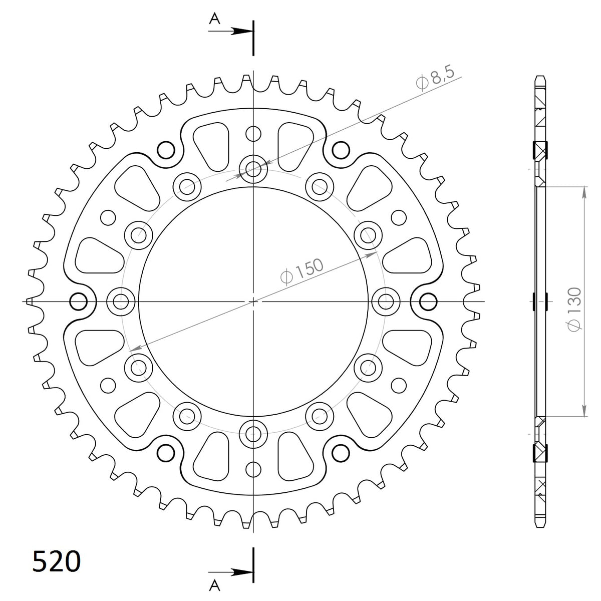 Technische illustratie: Supersprox Stealth Rear sprocketYA YZ/WRF/YZF 99- Gold 49 – RST-245/2:49-GLD; uitvoering volgens artikelgegevens