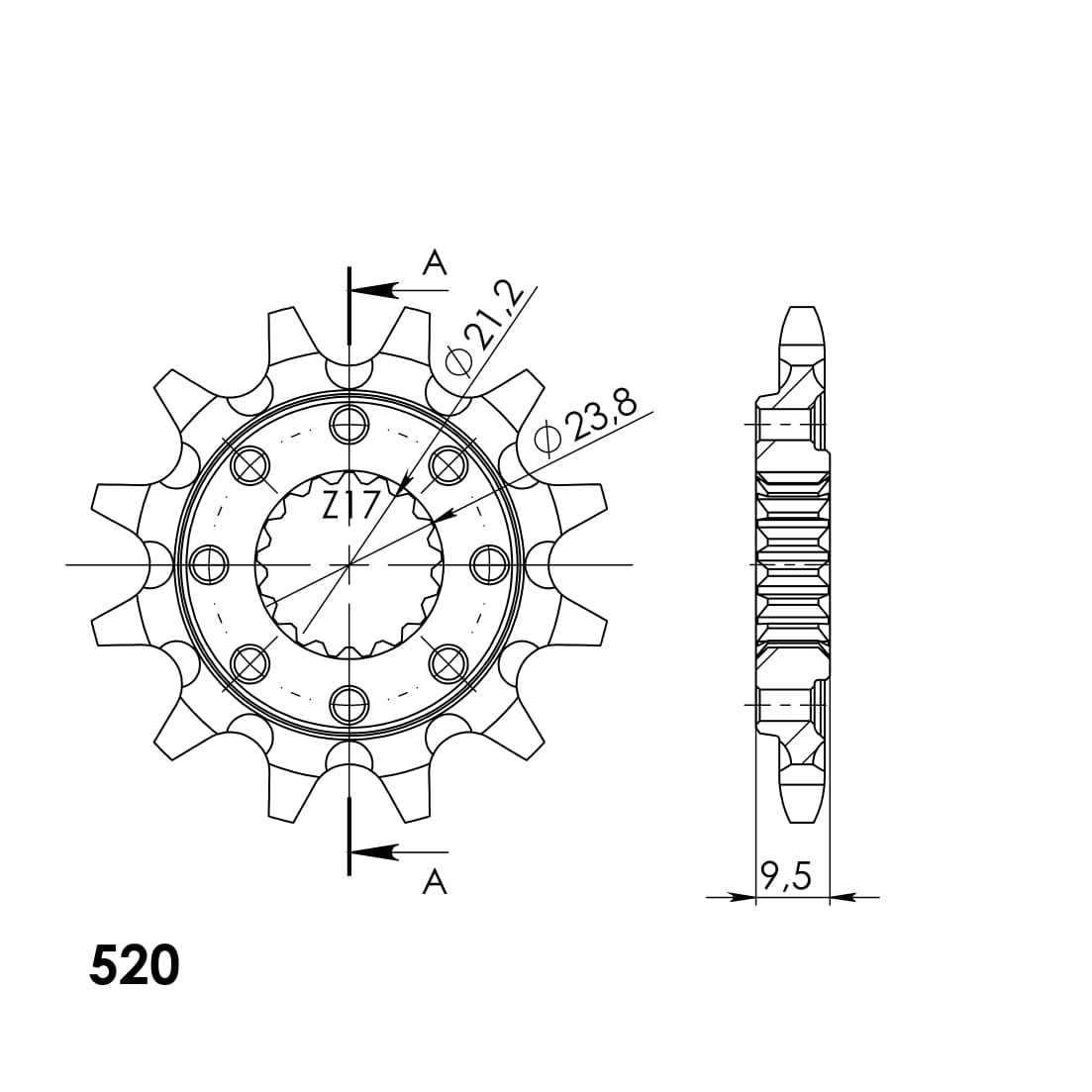 Technische illustratie: Supersprox / JT Front sprocket 284.14 SC – CST-284:14.1; uitvoering volgens artikelgegevens