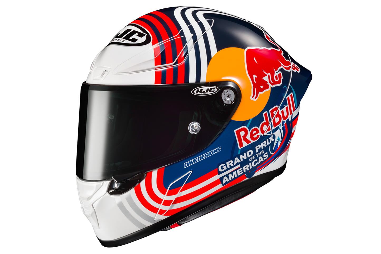 HJC RPHA 1 helmet with Red Bull Austin GP graphics in blue, white and orange