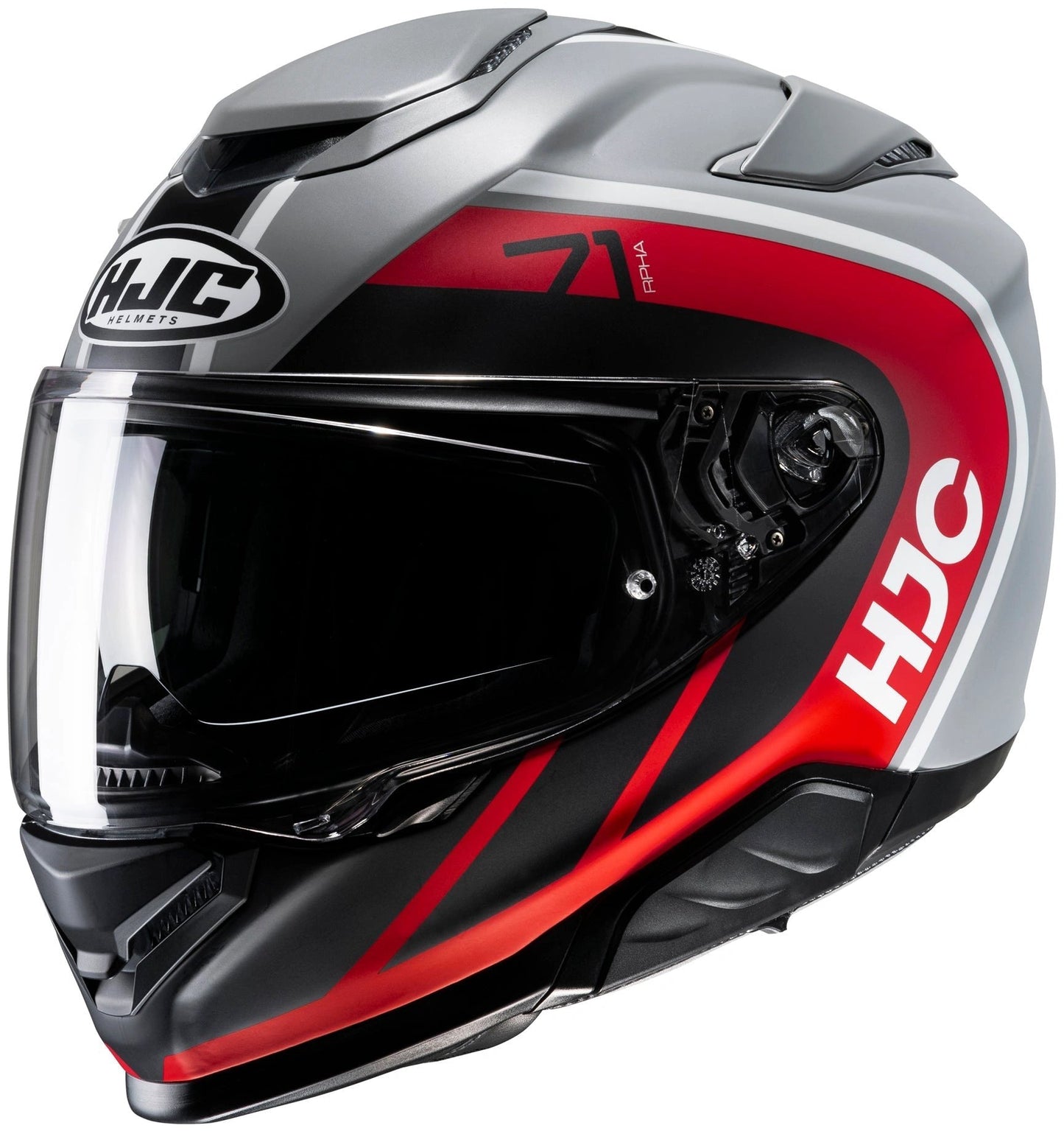 HJC Helmet RPHA 71 Mapos Black/Red MC1SF in gray, black and red with prominent HJC logo.
