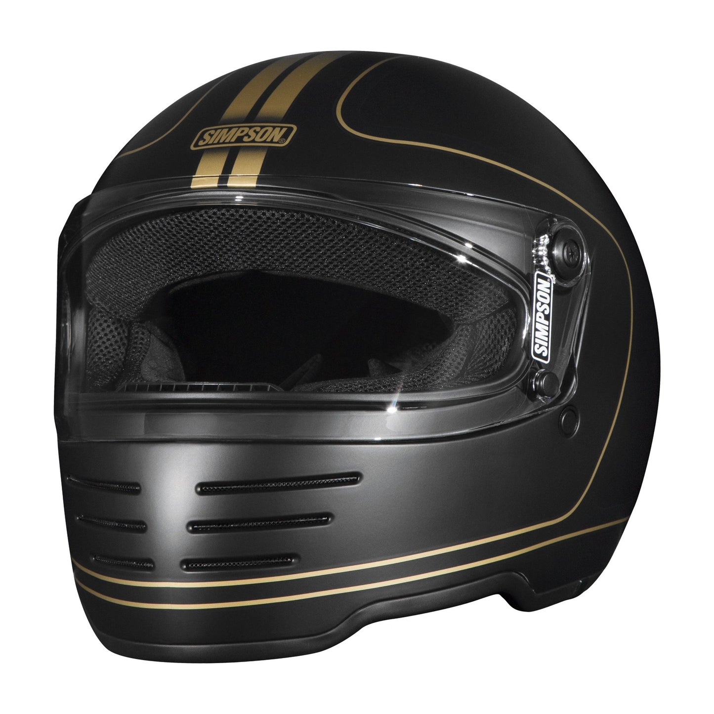 Simpson M62 Hondo Carbon helmet, black with gold racing stripes and clear visor