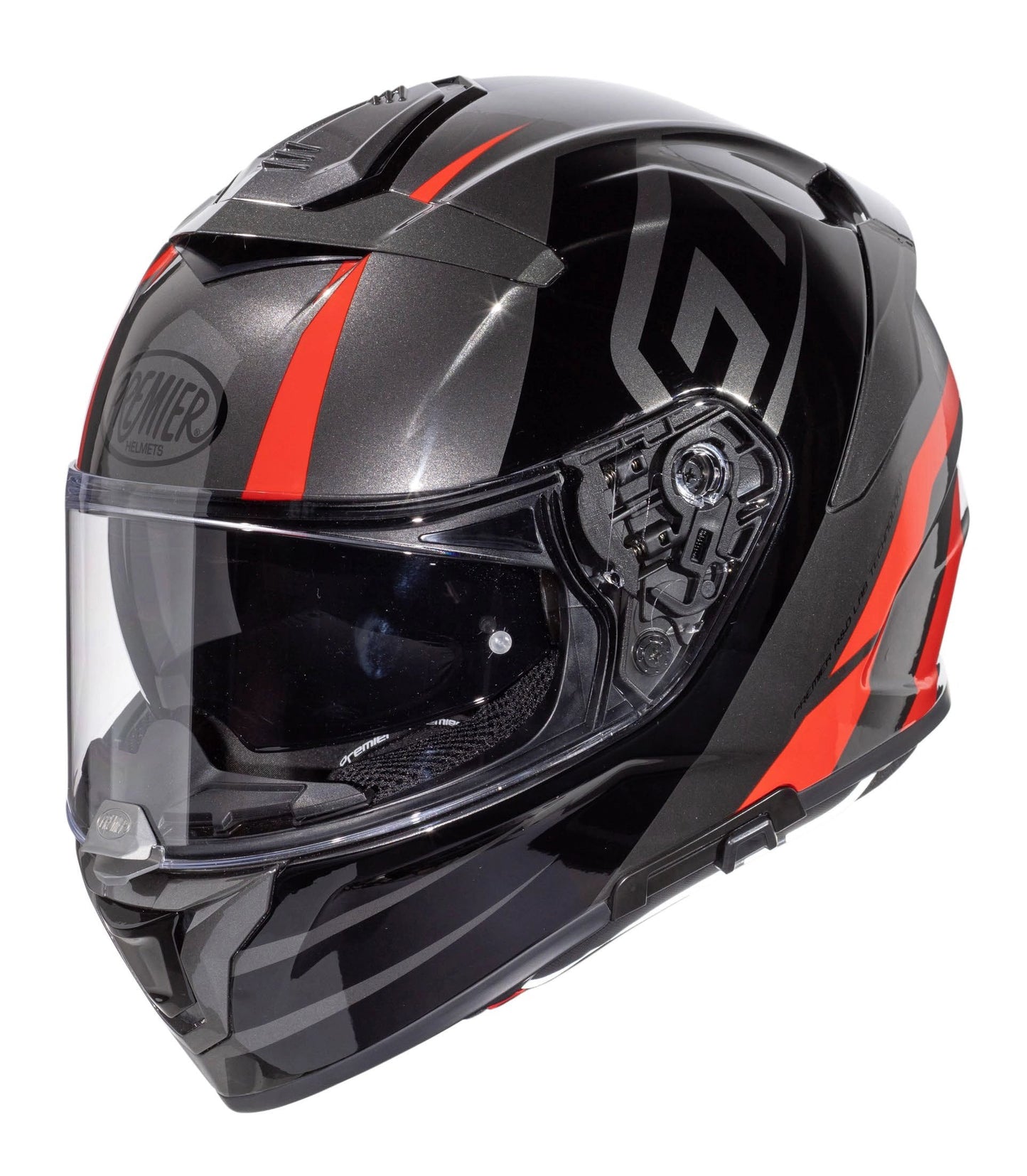 Devil GT 17 Premier helmet, black with red graphics and clear face visor, full-face motorcycle protection