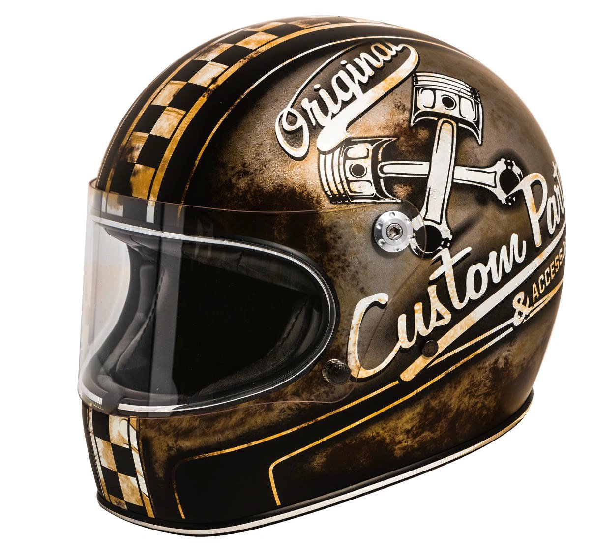 Premier Trophy OP 9 BM helmet, brown/gold distressed graphic with checkered accents and clear visor