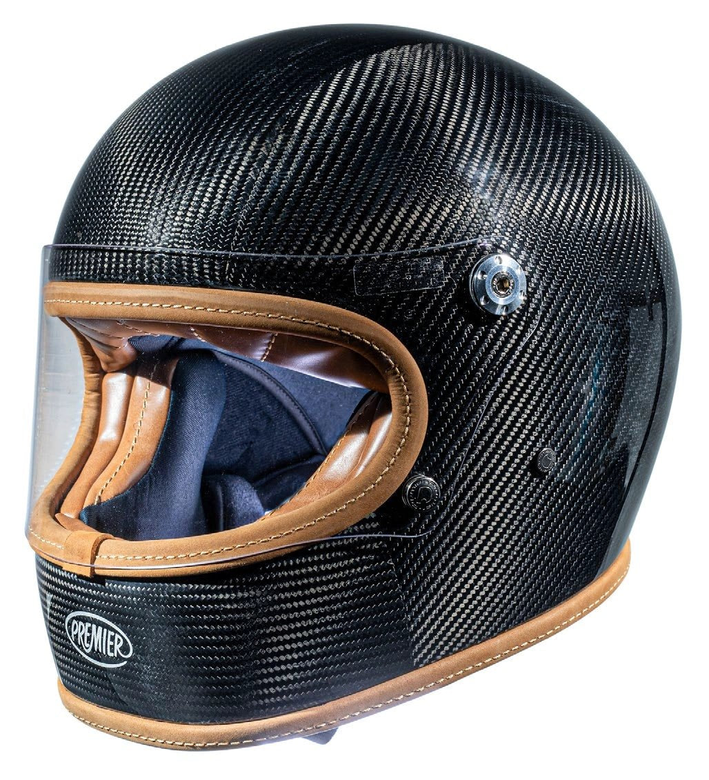 Premier Trophy Platinum ED Carbon helmet with black carbon fiber shell and tan leather trim