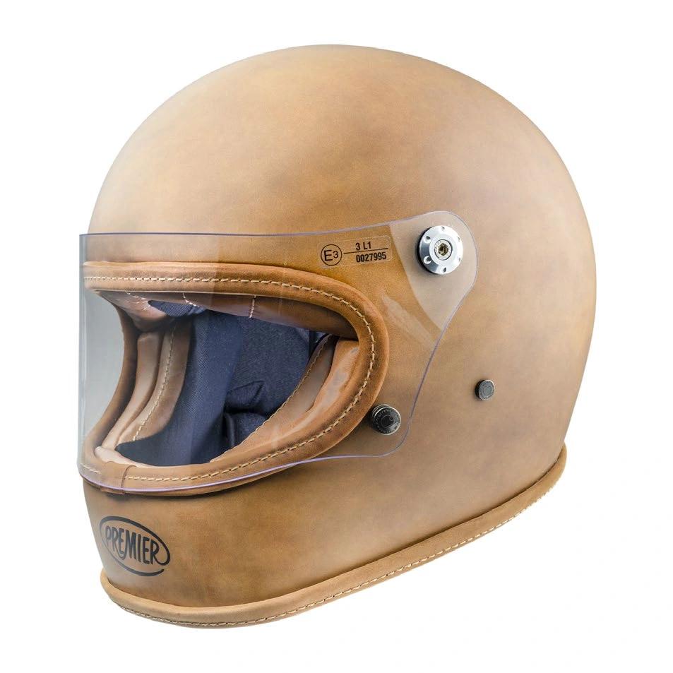 Premier Vintage Trophy helmet with clear visor in tan leather finish