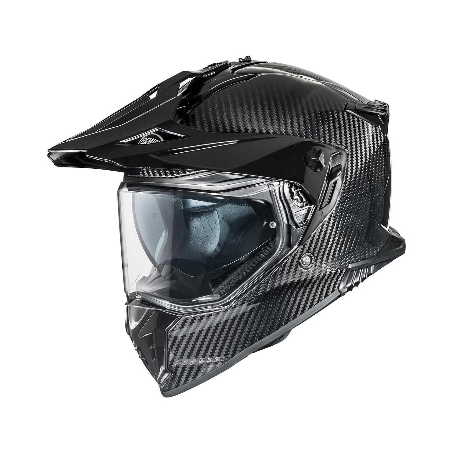Premier Helmets Discovery Carbon full-face helmet with black carbon fiber shell and clear visor.