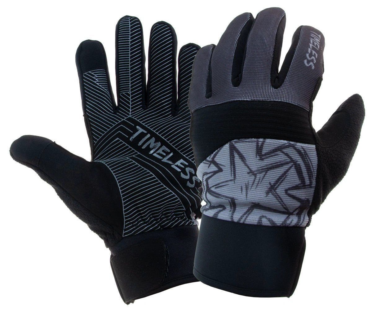 Timeless Freetime gloves Stretch, black pair with grey patterned cuff and blue-lined palm