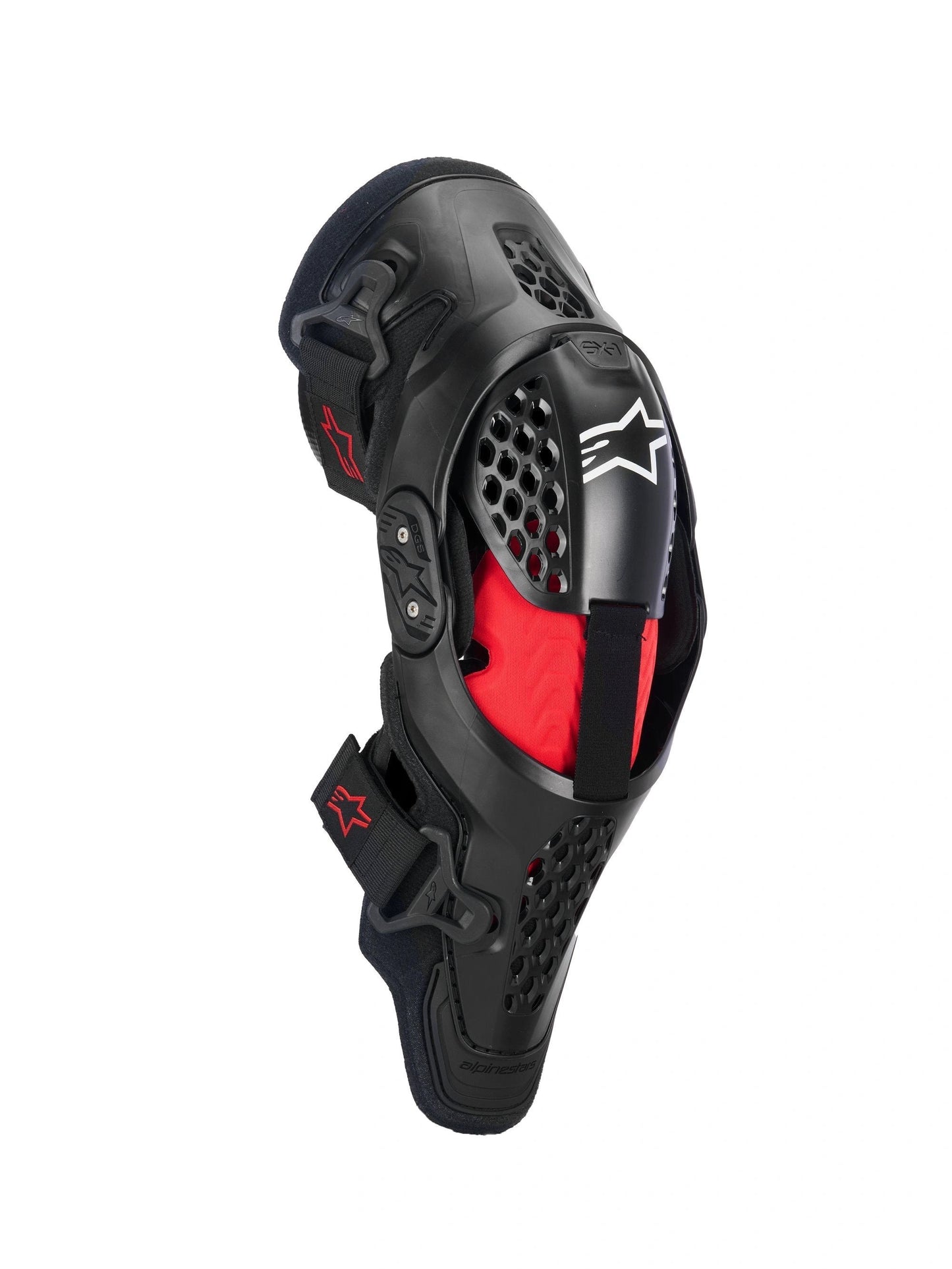 Alpinestars SX-1 Plasma knee protector; black shell, red interior padding, adjustable straps with star logos.