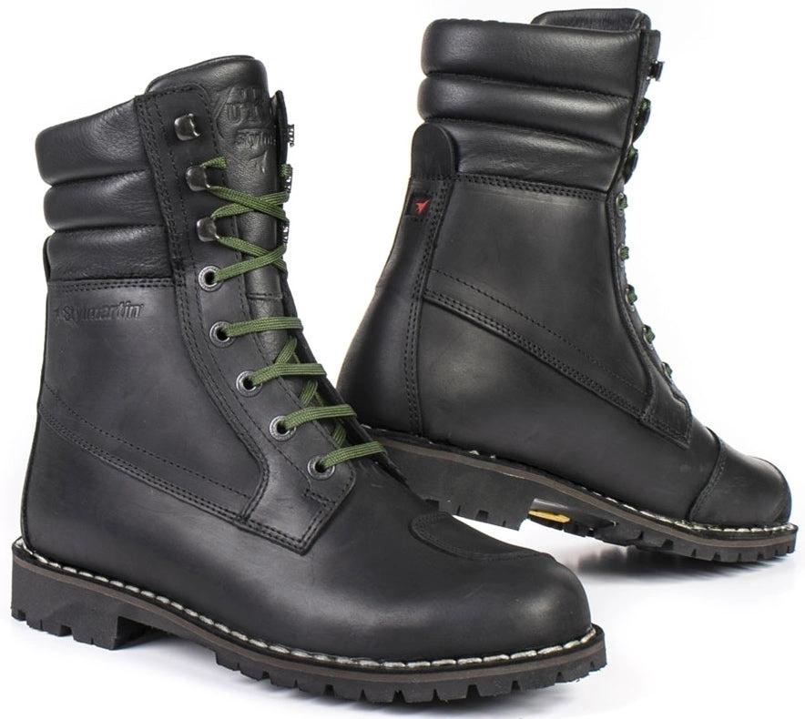 Stylmartin Yurok black leather boots with padded ankle collar, green laces and rugged tread (pair shown).