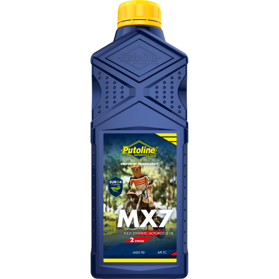 Putoline MX7 synthetic motor oil bottle, blue container with yellow cap, 1 liter