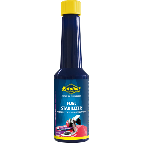 Putoline Fuel Stabilizer bottle, blue with yellow cap, 150ml, Putoline logo visible