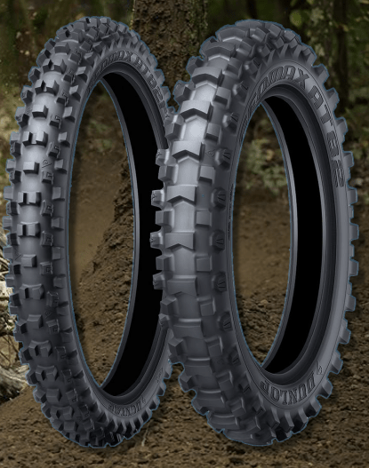 Fabrikantillustratie bandenserie; één band volgens vermelde maat: Dunlop Geomax AT82 110/100-18 64M TT