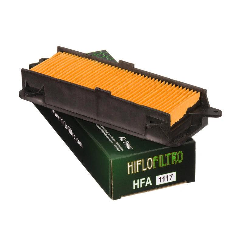 HiFlo air filter HFA1117 with orange pleated media in black housing