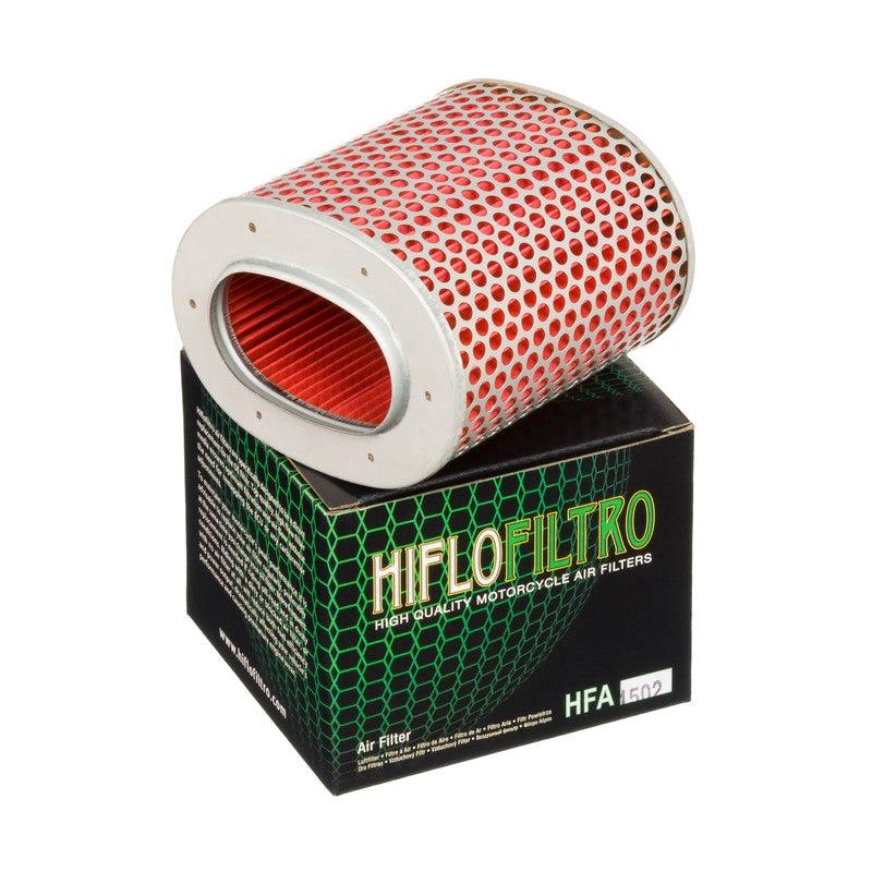 HiFlo HFA1502 motorcycle air filter; cylindrical red pleated element inside a white perforated housing