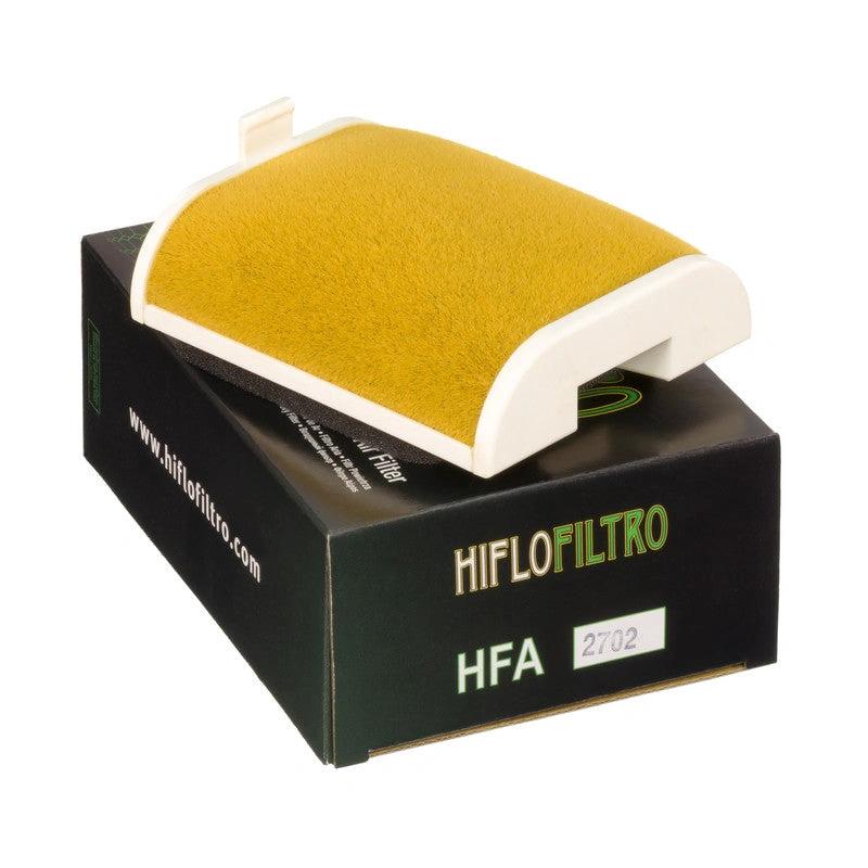 HiFlo HFA2702 air filter, yellow filter element on black box