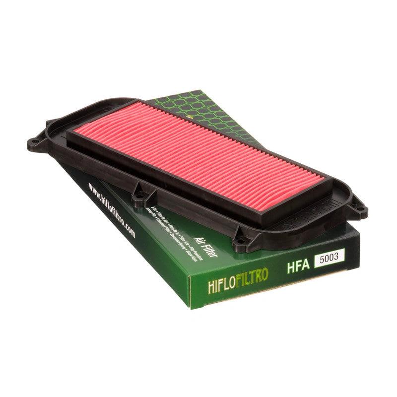 HiFlo air filter HFA5003 with red pleated media in black housing on green HiFloFiltro box.