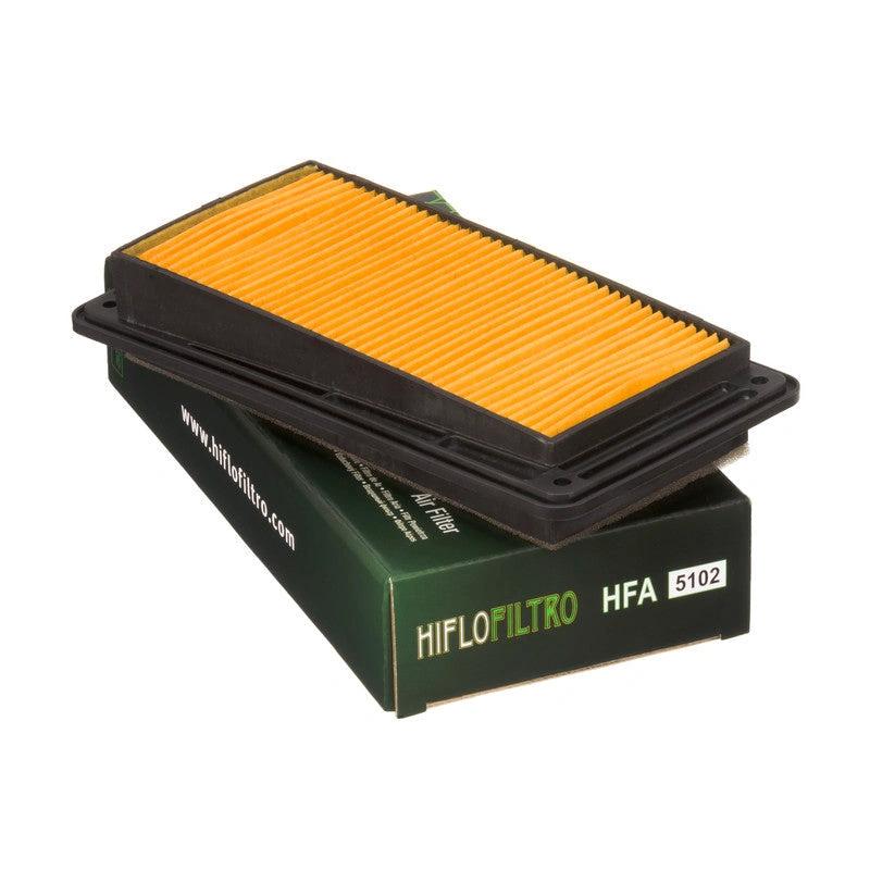 HiFlo air filter HFA5102 with orange pleated media in black housing