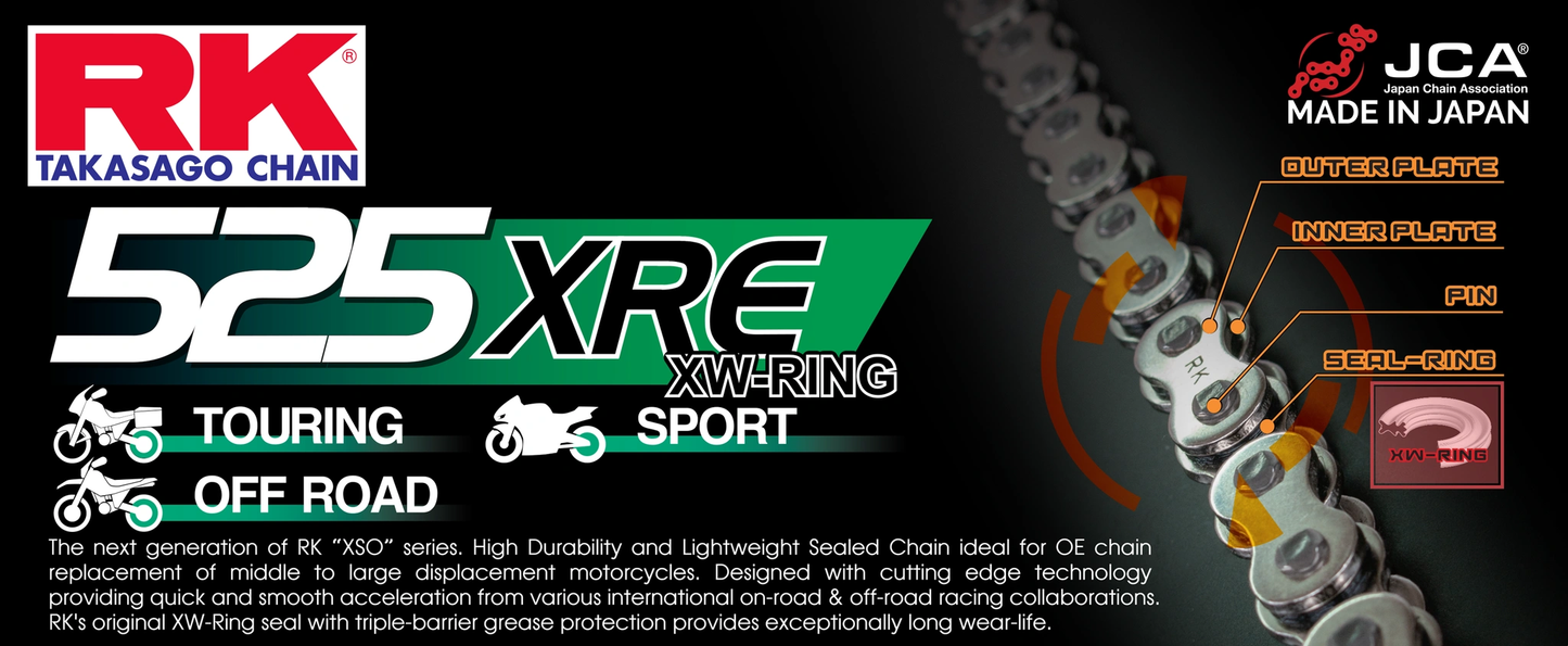 RK 525XRE XW-Ring motorcycle chain with CLF rivet link, RKJapan