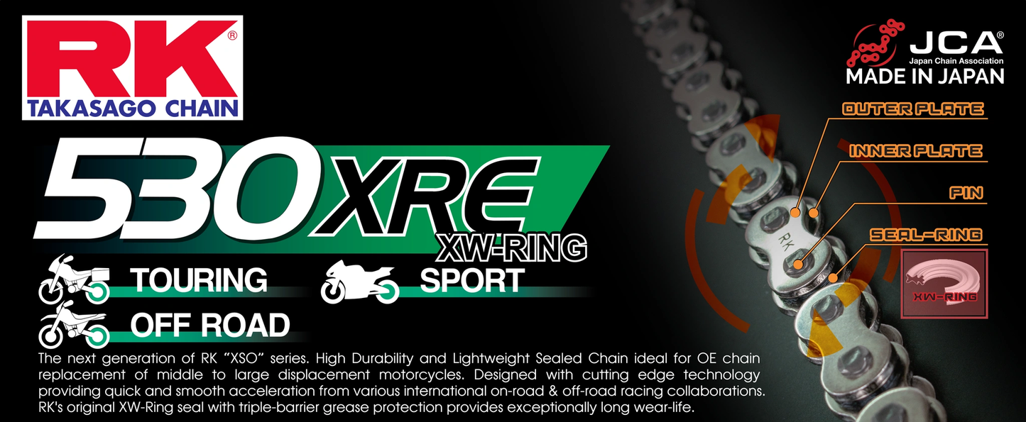 RK 530XRE XW-RING chain by RK Japan, sealed XW-ring, for touring/off-road motorcycles.