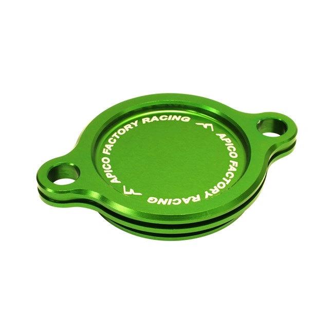 Ölfilter-Deckel von Apico, grün eloxiert mit Factory Racing Branding und zwei Befestigungslöchern