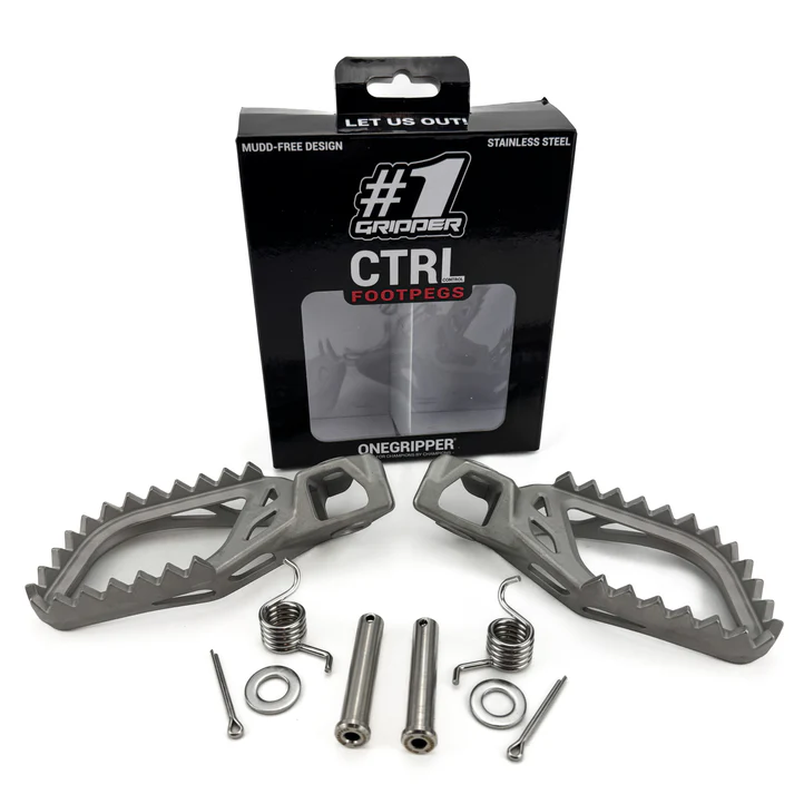 Onegripper V1 CTRL RVS voetsteunen #1 KTM SX/SX-F 125/150/250/300/350/450 2023- & Husqvarna TC/FC 125/150/250/350/450 2023- & Gas Gas MC/MC-F 125-450 2024- ( 0 mm down / 0 mm back ) ( rijders tot 70kg )