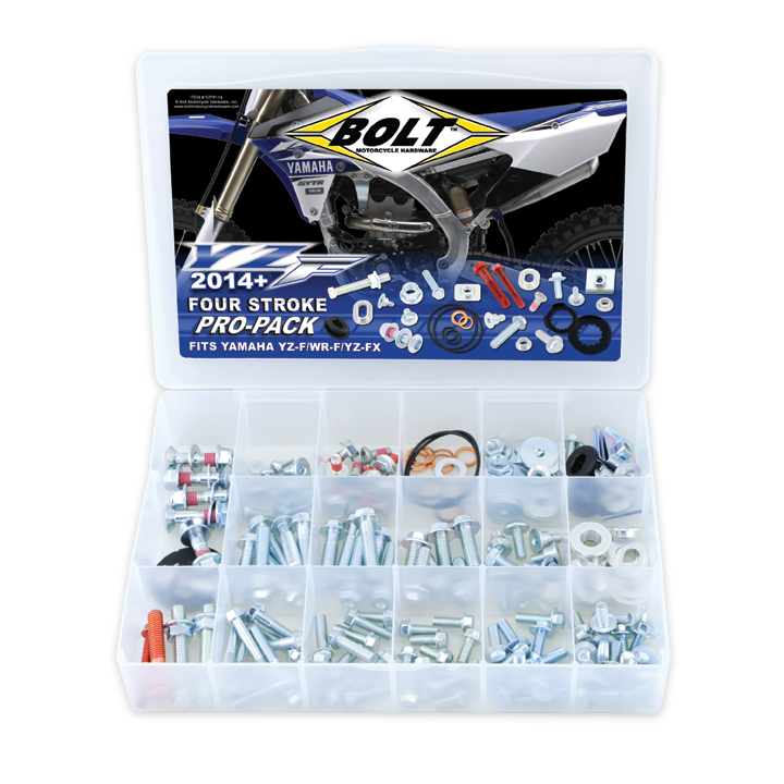 Bolt Pro Pack bolt set for Yamaha YZ250F/YZ450F in a clear storage box with assorted hardware