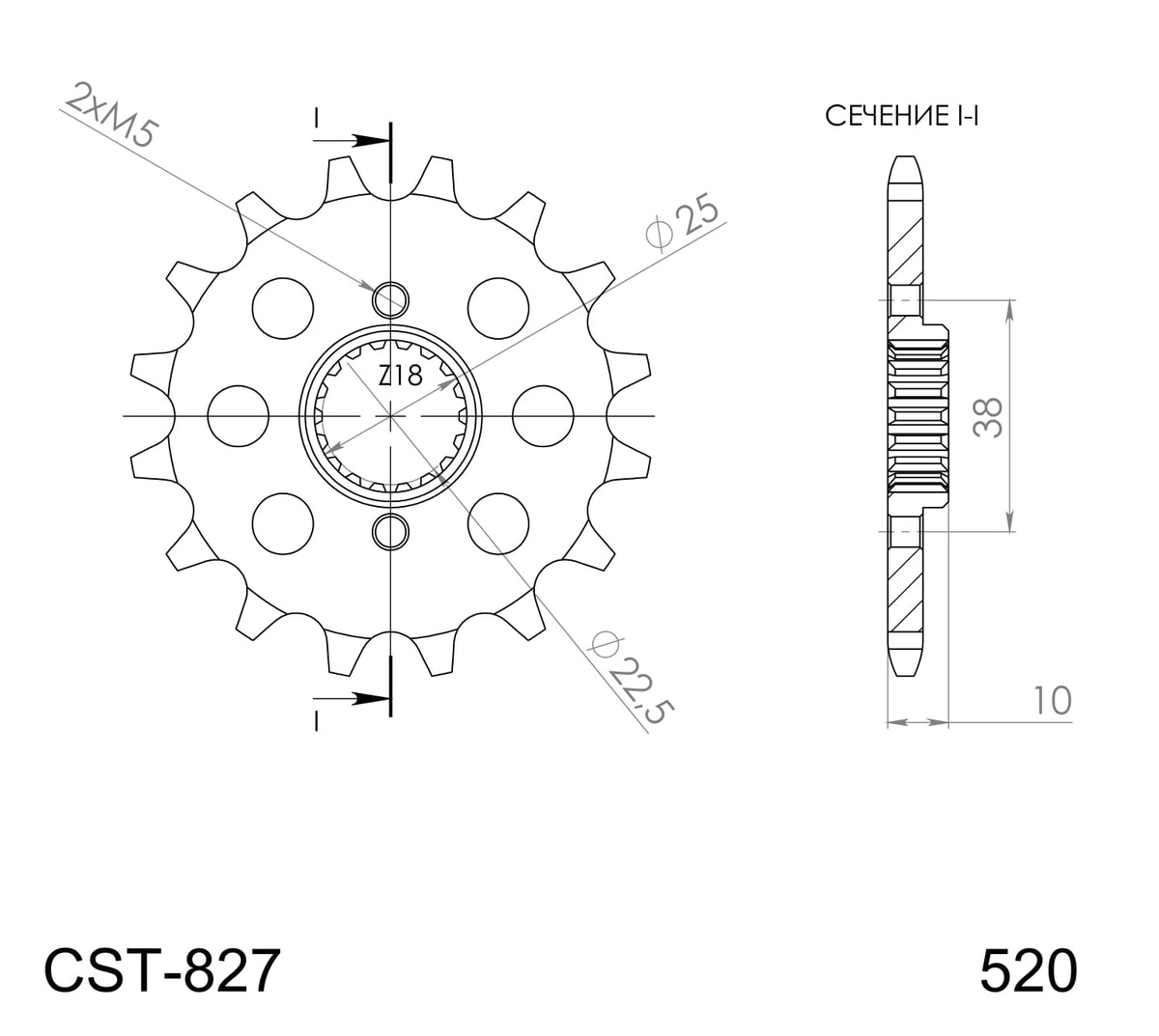 Technische illustratie: Supersprox Front Sprocket Husqvarna z15 – CST-827:15.1; uitvoering volgens artikelgegevens