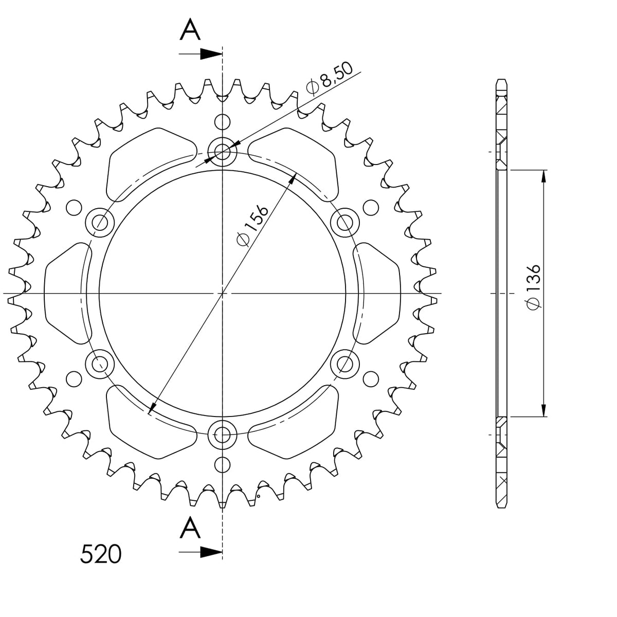 Technische illustratie: Supersprox Alu Rear sprocket Husqv. Red 45 – RAL-1512:45-RED; uitvoering volgens artikelgegevens