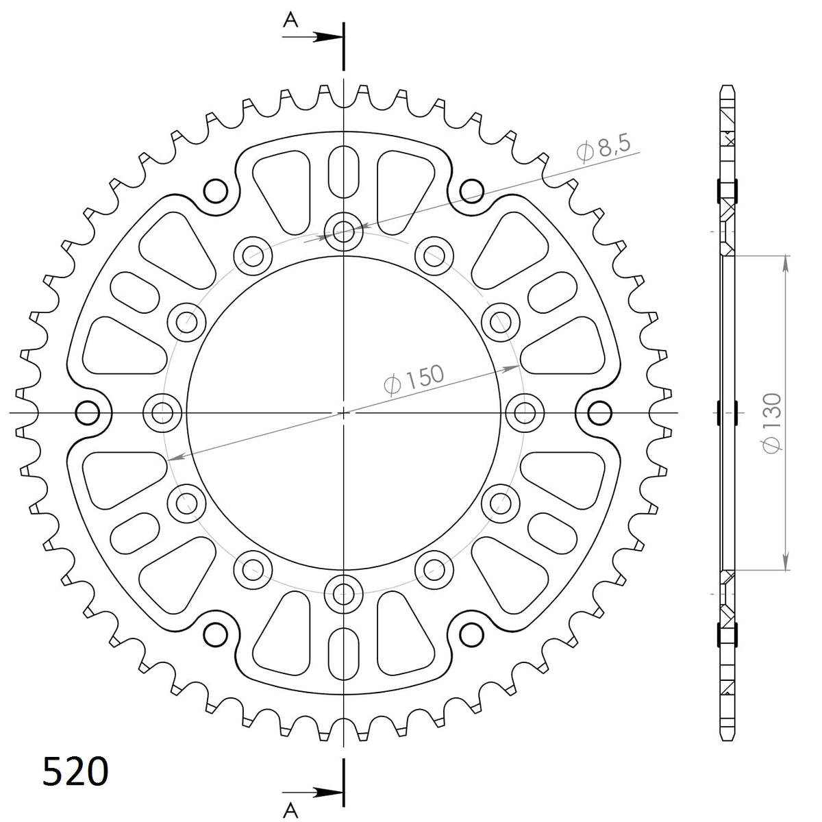 Technische illustratie: Supersprox Stealth Rear sprocketYA YZ/WRF/YZF 99- Gold 51 – RST-245/2:51-GLD; uitvoering volgens artikelgegevens