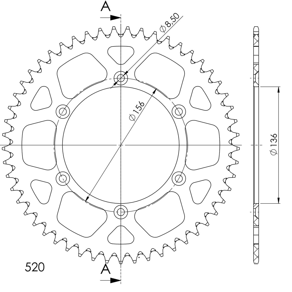 Technische illustratie: Supersprox Alu Rear sprocket Husqv. Red 52 – RAL-1512:52-RED; uitvoering volgens artikelgegevens