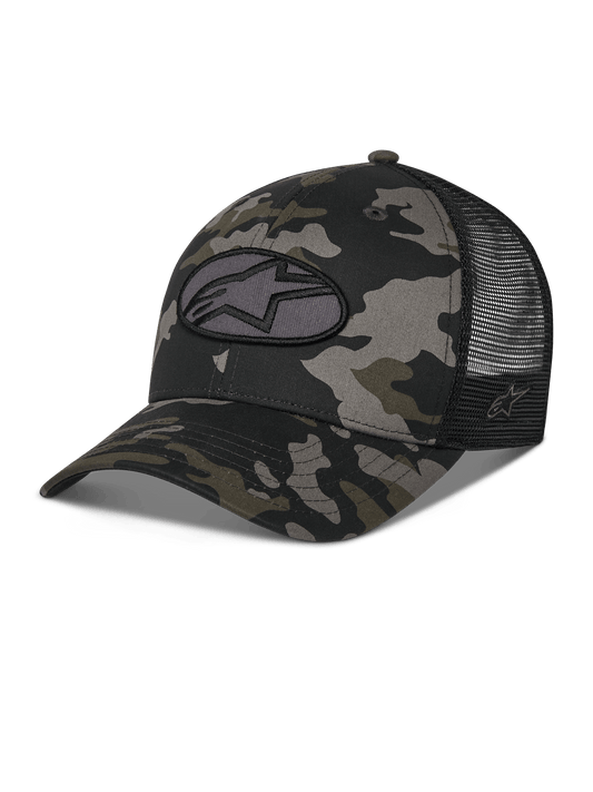 Alpinestars Oblique Camo Trucker pet, zwart camouflagepatroon met zwarte mesh achterkant, voorzien van een ovaal geborduurde Astars logo-patch aan de voorkant, gebogen klep en gestructureerde kroon, casual motorsport-geïnspireerde pet