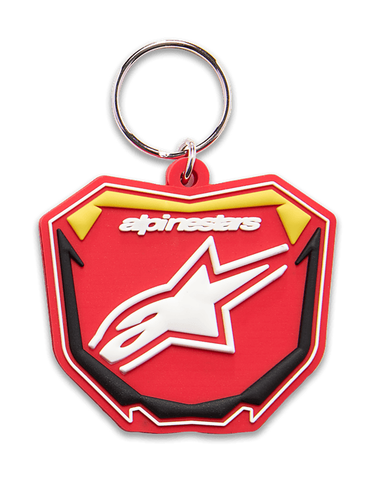 Alpinestars Plate sleutelhanger, 3D gevormde sleutelhanger, rood, geel en zwart, wit Alpinestars-logo en Astars-stersymbool, zilveren metalen ring, op motorsport geïnspireerd MX-plaatontwerp