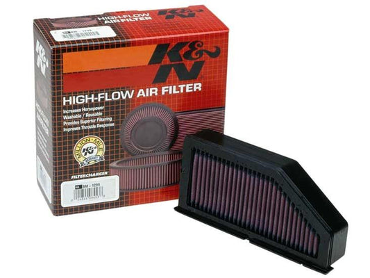 K&N High-Flow air filter for BMW motorcycle; purple pleated element with black housing.