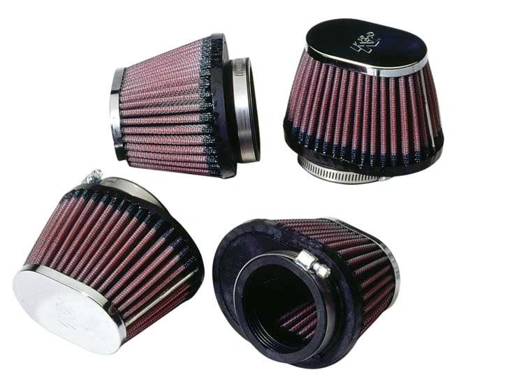 K&N universal clamp-on air filters, 4-pack, red pleated cone filters with chrome caps.