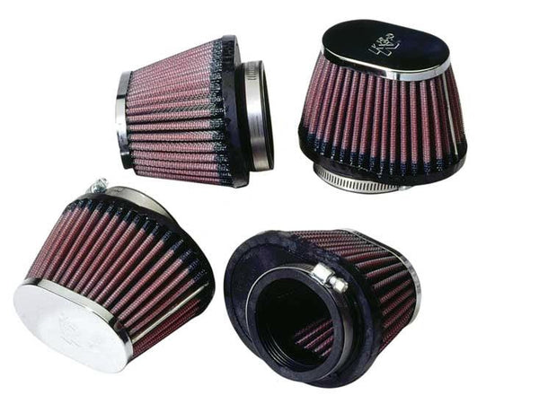 K&N universal clamp-on air filters, 4-pack, red pleated cone filters with chrome caps.