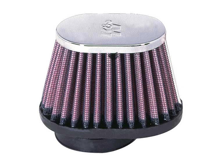 K&N universal air filter cone with pink pleated element, chrome top, black base.