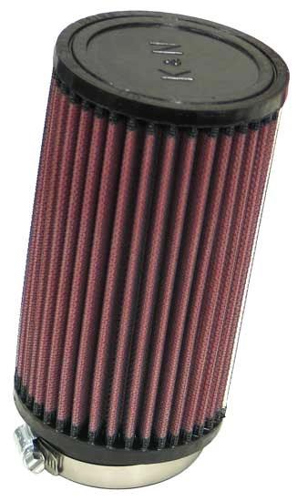 K&N air filter, red pleated cylindrical element with black end caps and metal base