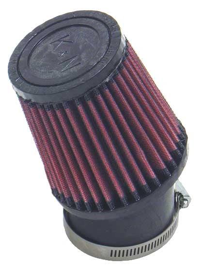 K&N air filter cone with red pleated media, black top cap and metal mounting band.