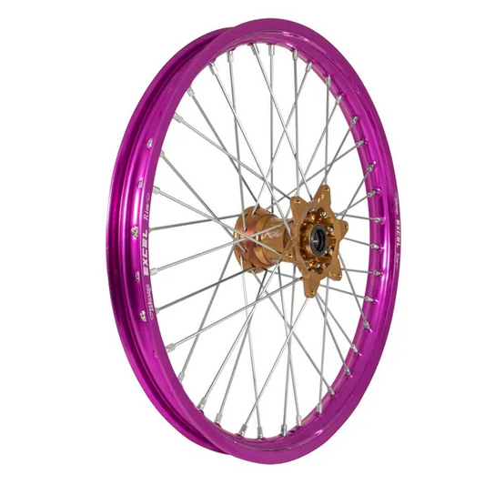 Elite Voorwiel compleet Paarse Excel Signature velg + Kite Licht Bronze naaf 1.60x21 Yamaha/Fantic 4 takt ( Factory Team Racing Replica )